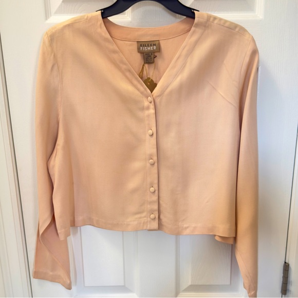 Eileen Fisher Silk V-Neck Button Front Neutral Peach Cardigan Blouse Sz M/L NWT - Picture 1 of 11